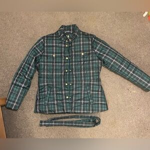 J Crew black watch plaid Quilted Jacket with Belt Size L